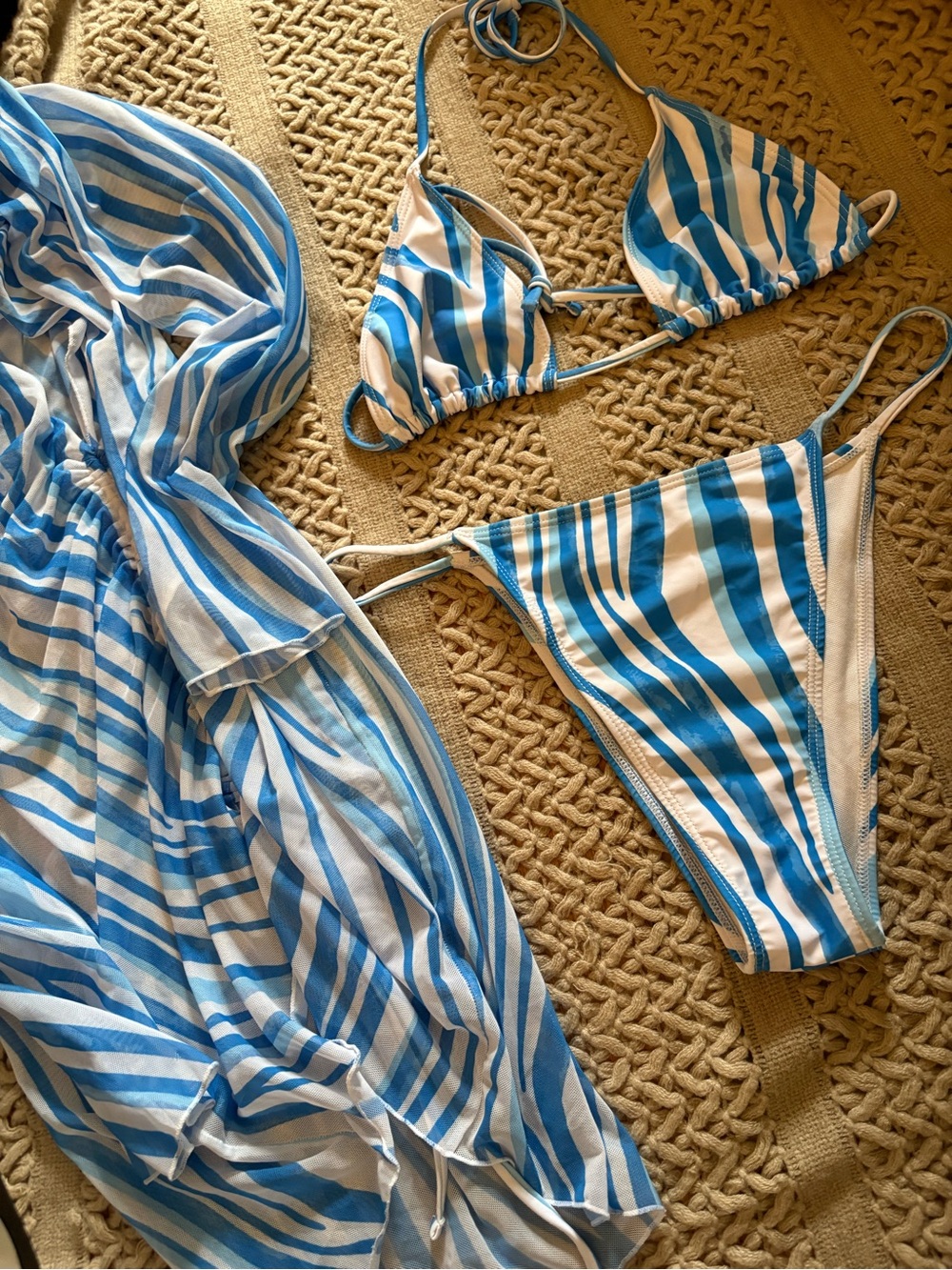 Blue and White Striped Bikini Set with Cover-Up